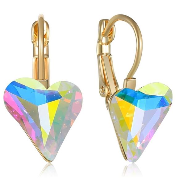 14K Yellow Gold with Iridescent AB Austrian Crystal Heart Leverback Earrings - Picture 1 of 5